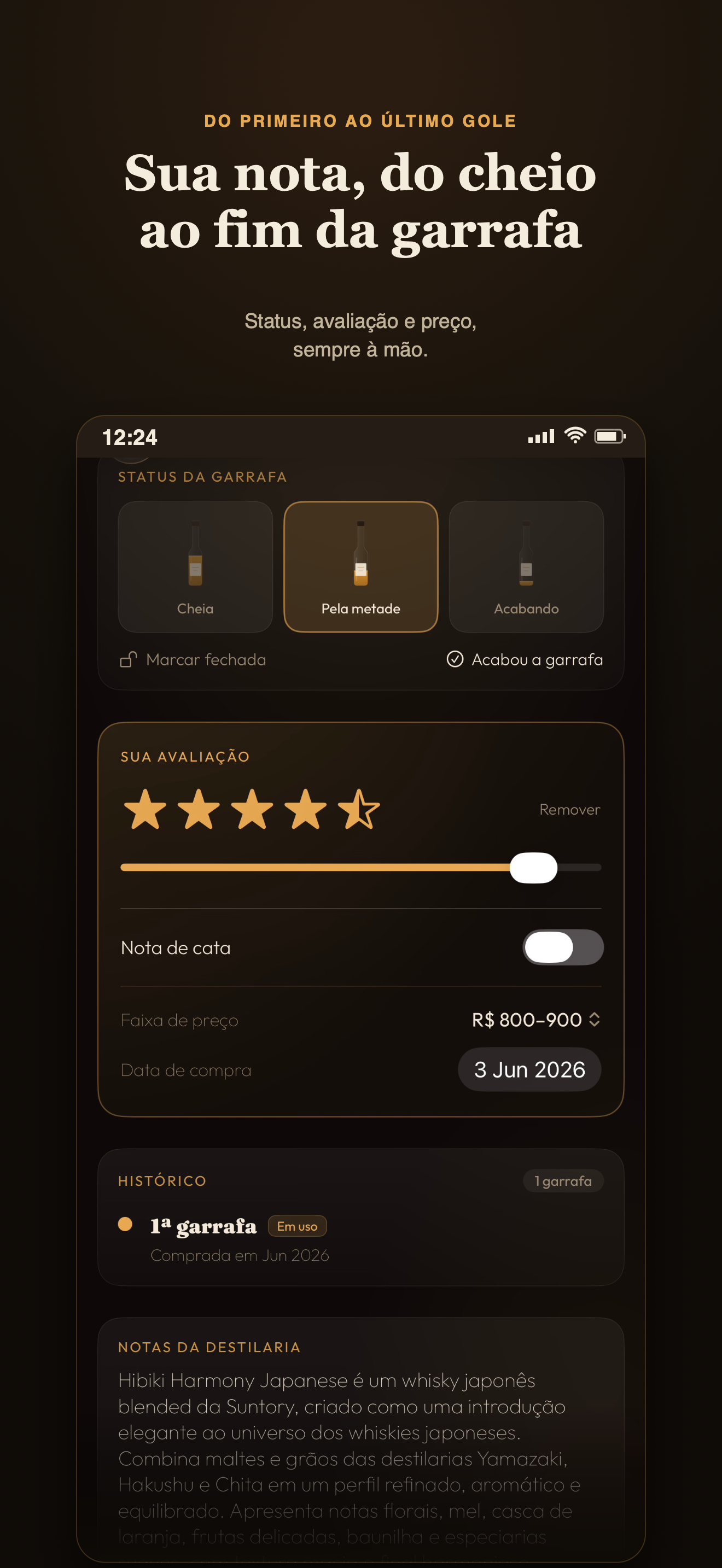 Tela de status e avaliação no My Whiskies